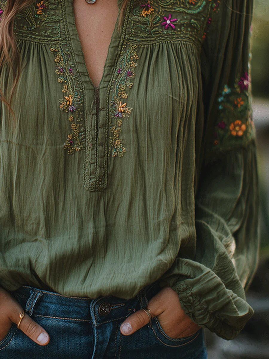 Bohe Floral Embroidered Cotton Olive Green Shirt - Image 3