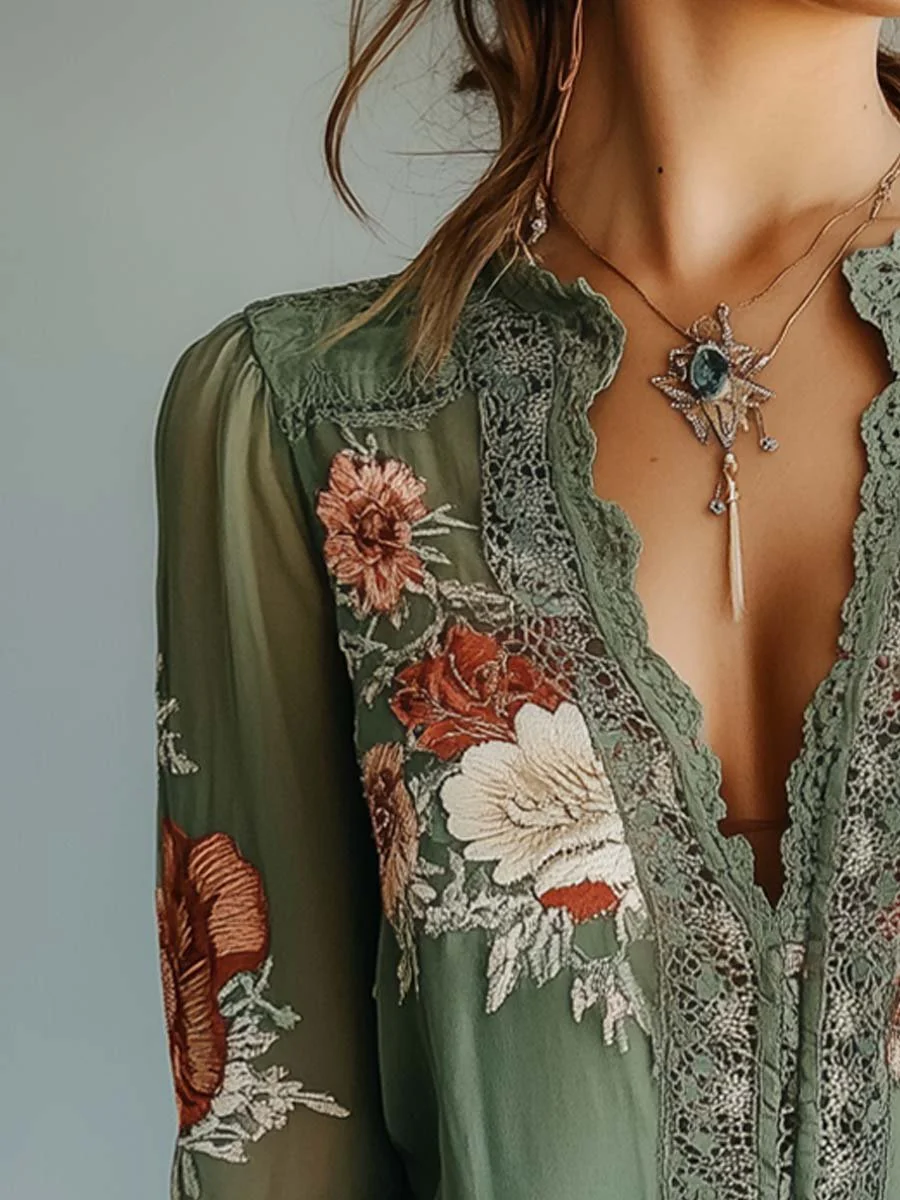 Bohemian Floral Printed Lace Blouse - Image 3