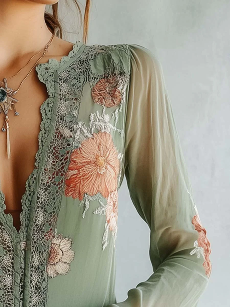 Bohemian Floral Printed Lace Blouse - Image 4