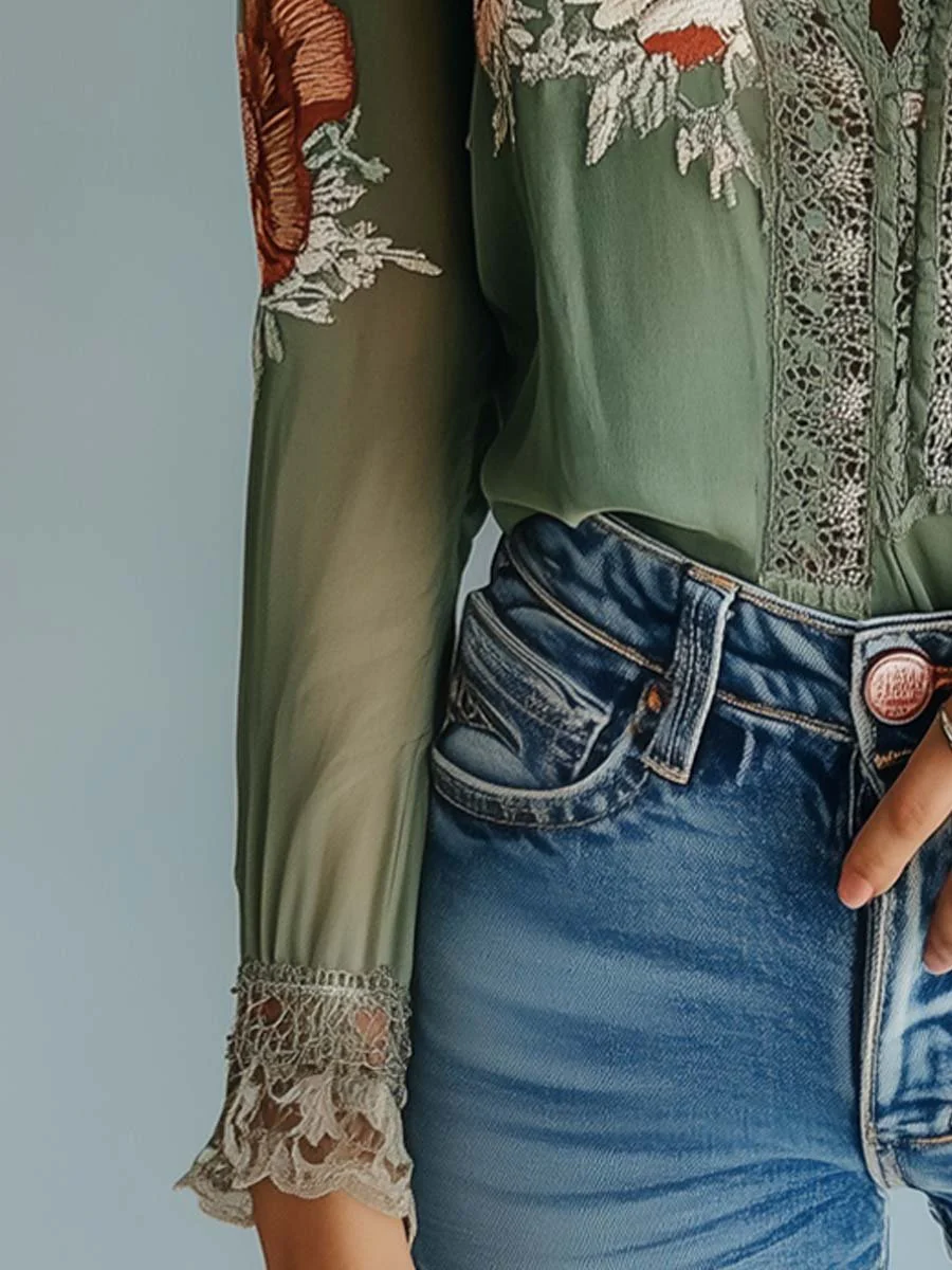 Bohemian Floral Printed Lace Blouse - Image 5