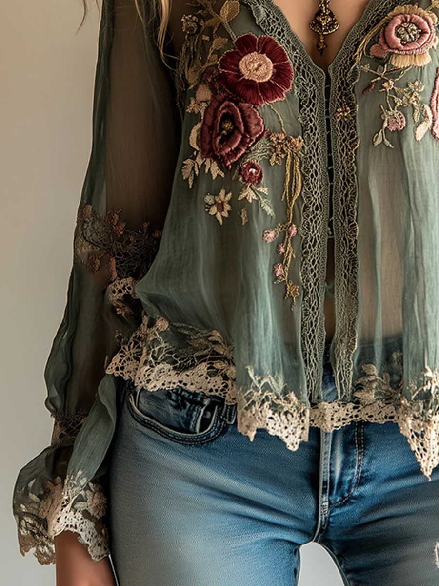 Bohemian Vintage Green Embroidered Shirt - Image 3