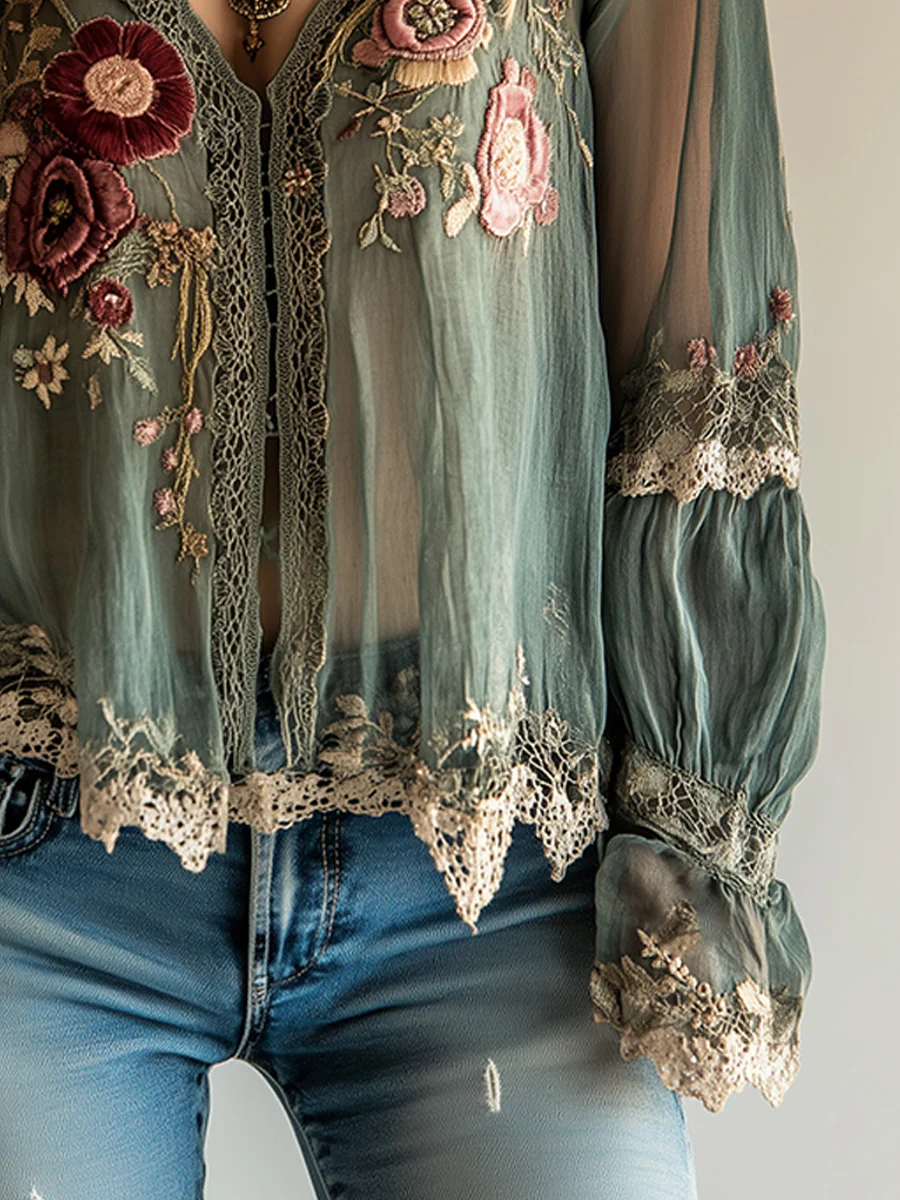 Bohemian Vintage Green Embroidered Shirt - Image 4