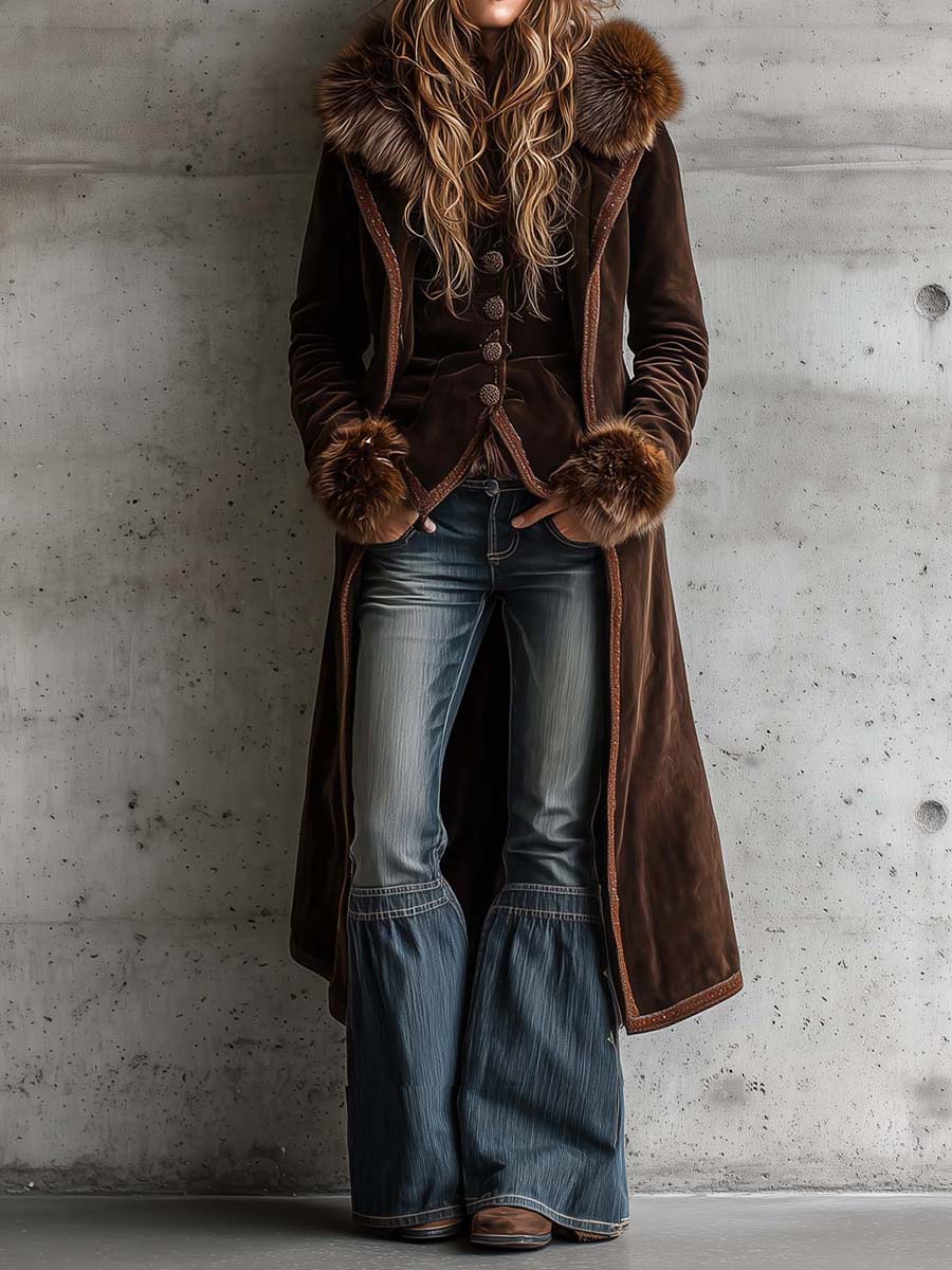 Brown Microfiber Suede Maxi Coat With Metal Buttons And Faux Fur Frim - Image 3