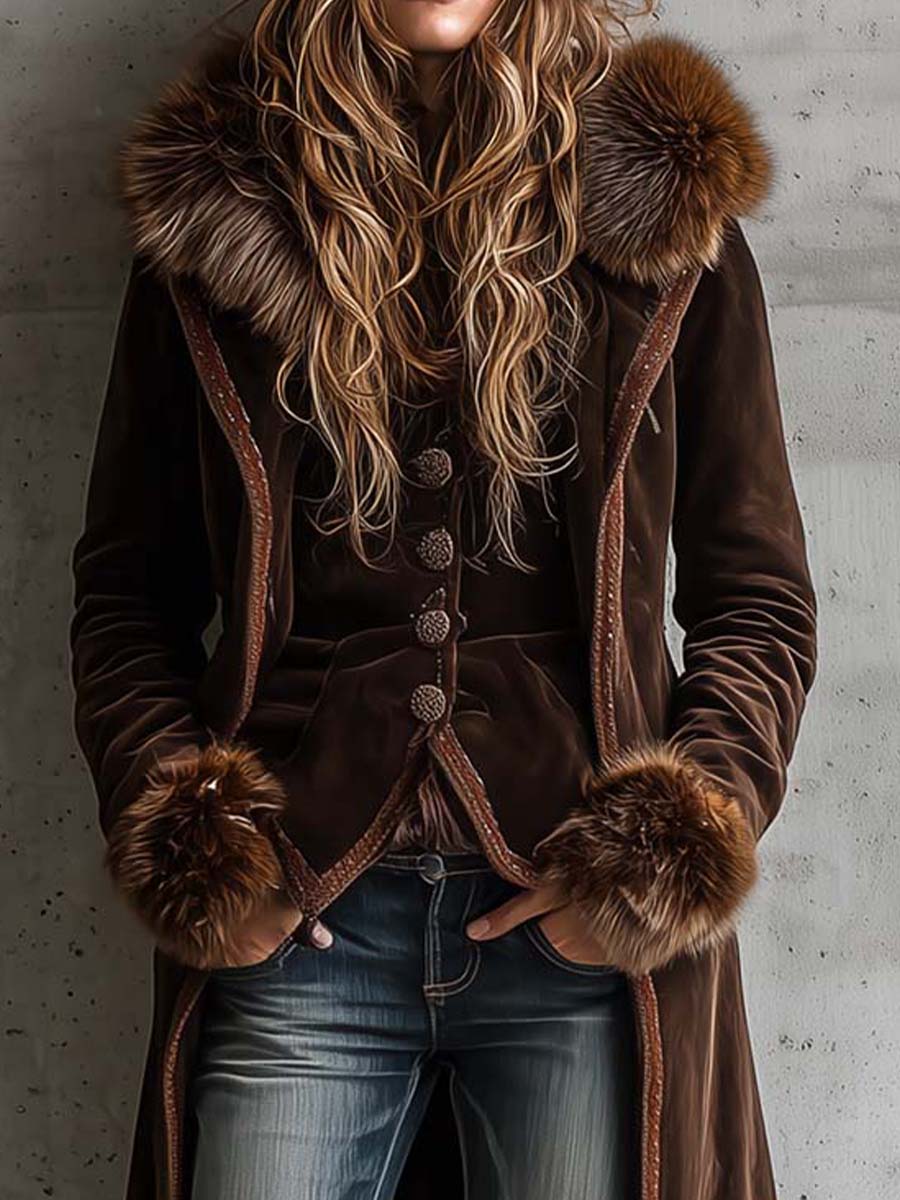 Brown Microfiber Suede Maxi Coat With Metal Buttons And Faux Fur Frim - Image 4