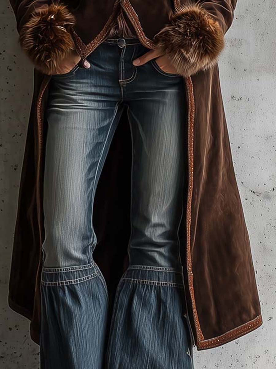 Brown Microfiber Suede Maxi Coat With Metal Buttons And Faux Fur Frim - Image 5