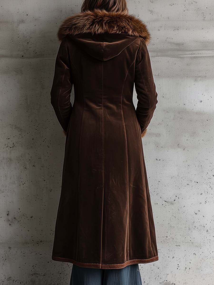 Brown Microfiber Suede Maxi Coat With Metal Buttons And Faux Fur Frim - Image 6