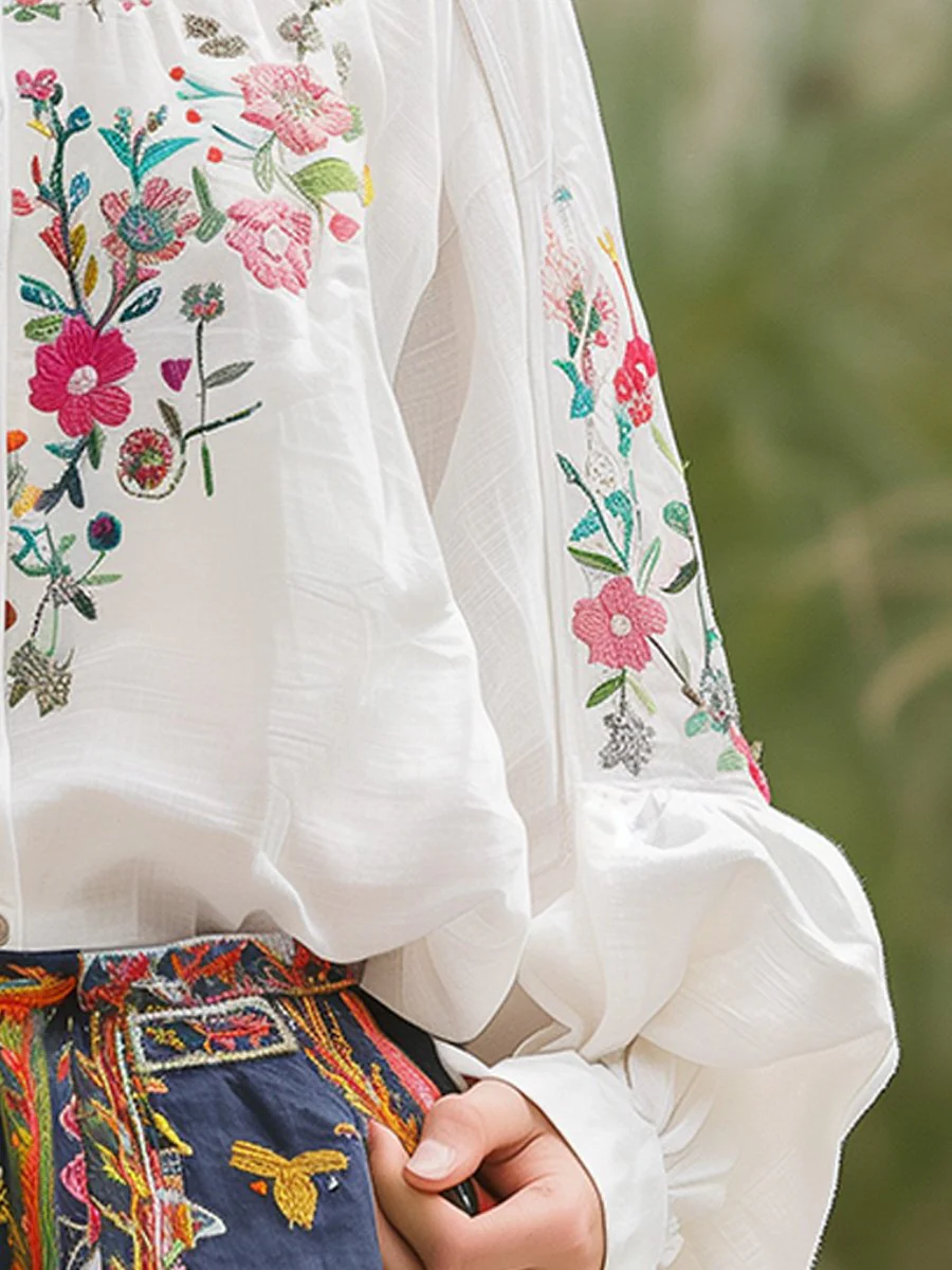 Cotton and Linen Floral Embroidery Long Sleeve Shirt - Image 3