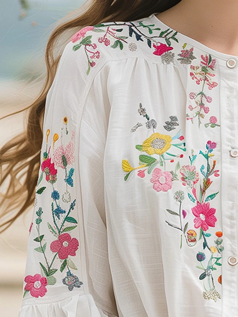 Cotton and Linen Floral Embroidery Long Sleeve Shirt - Image 4