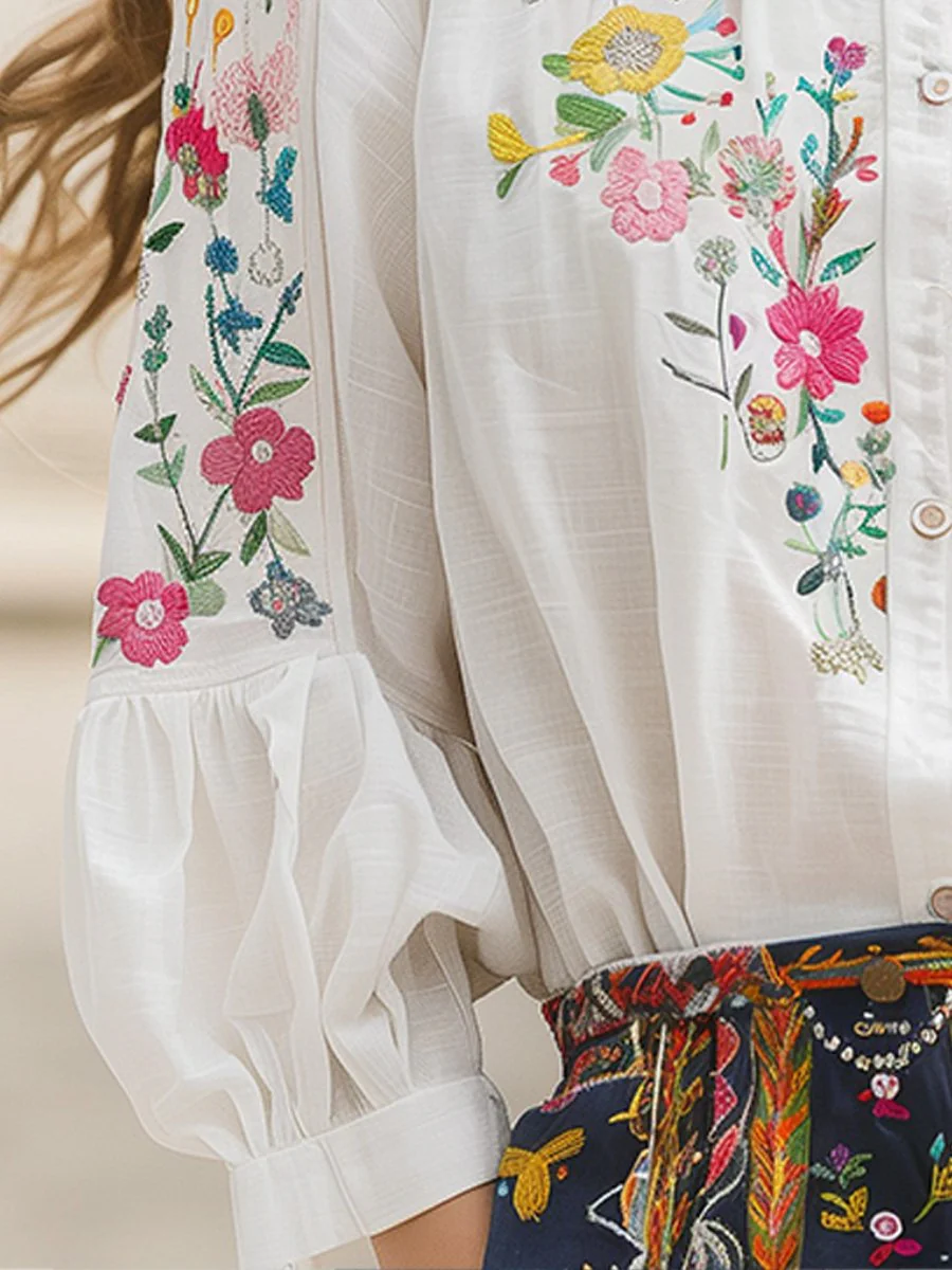 Cotton and Linen Floral Embroidery Long Sleeve Shirt - Image 5