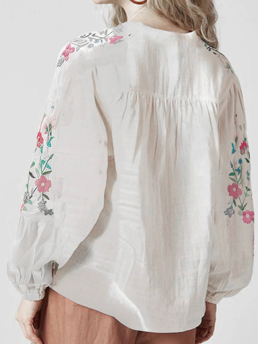 Cotton and Linen Floral Embroidery Long Sleeve Shirt - Image 7