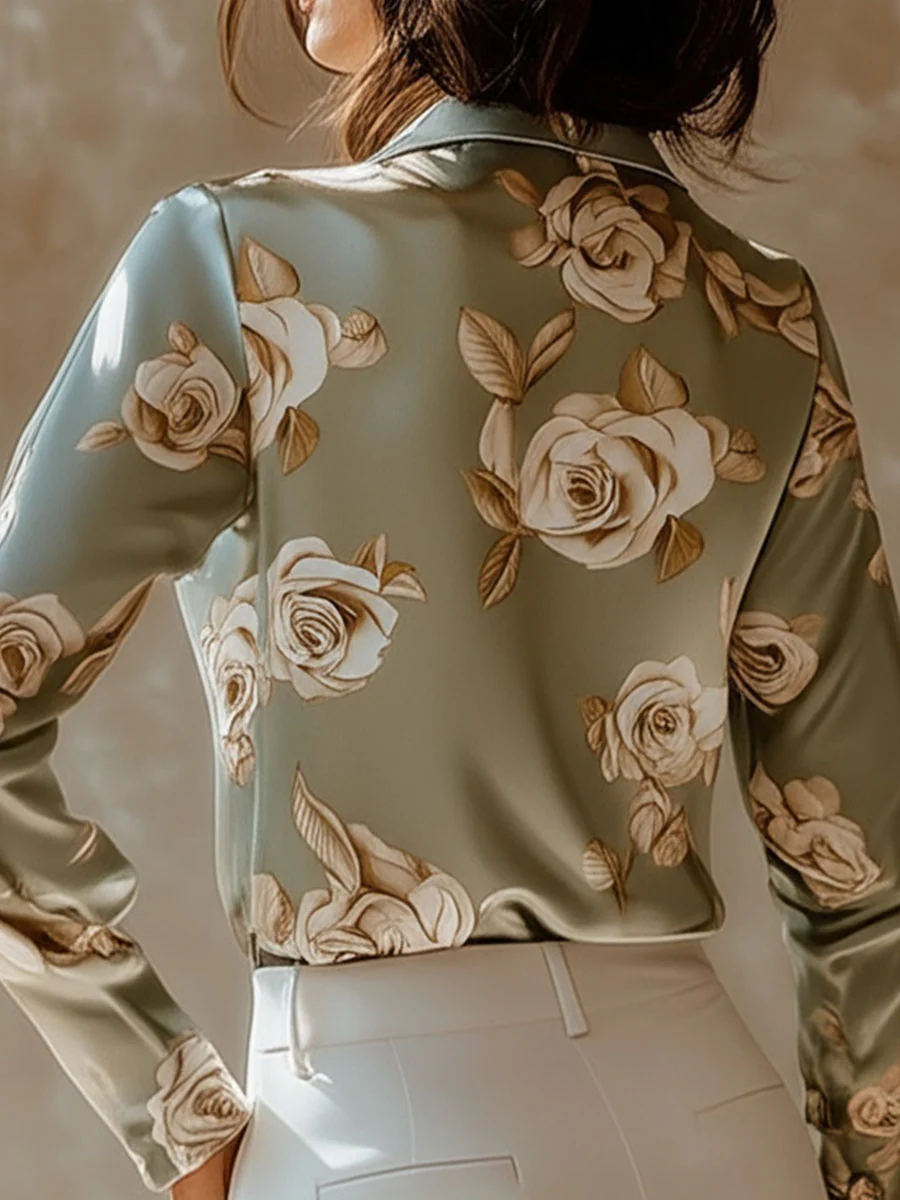 Elegant Lapel Rose Pattern Side Button Down Satin Shirt - Image 3