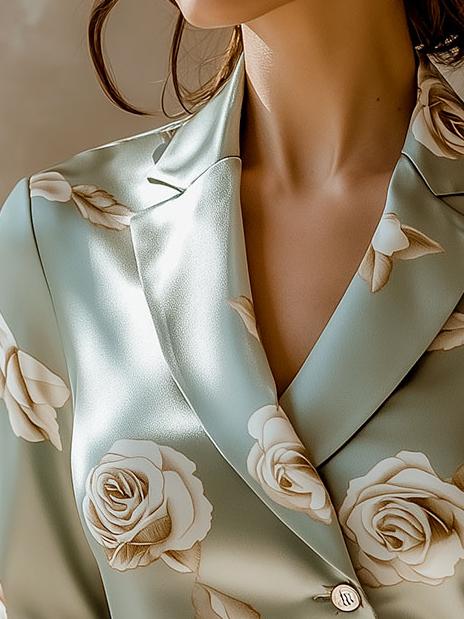 Elegant Lapel Rose Pattern Side Button Down Satin Shirt - Image 4