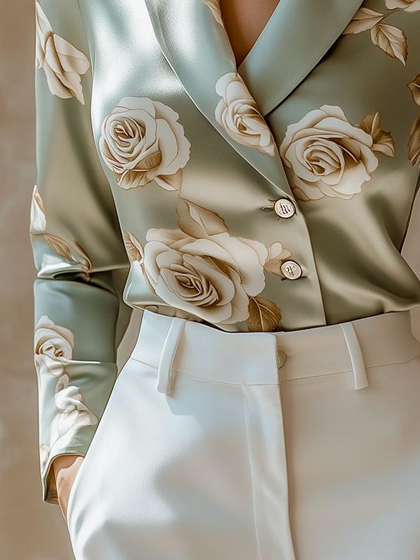 Elegant Lapel Rose Pattern Side Button Down Satin Shirt - Image 5