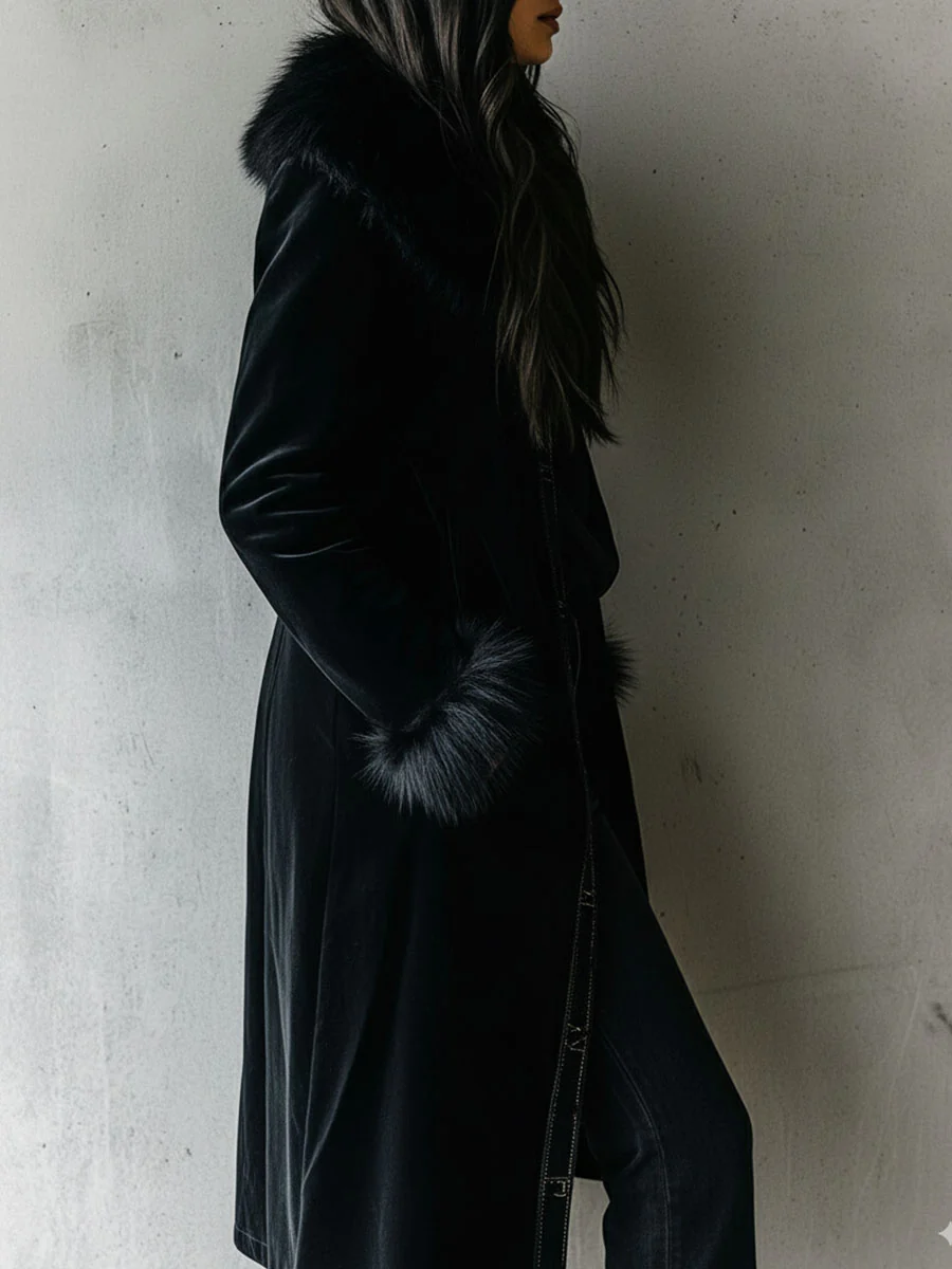 Elegant Tailoring Long Black Velvet Coat With Eco Fur Collar & Cuffs - Image 3