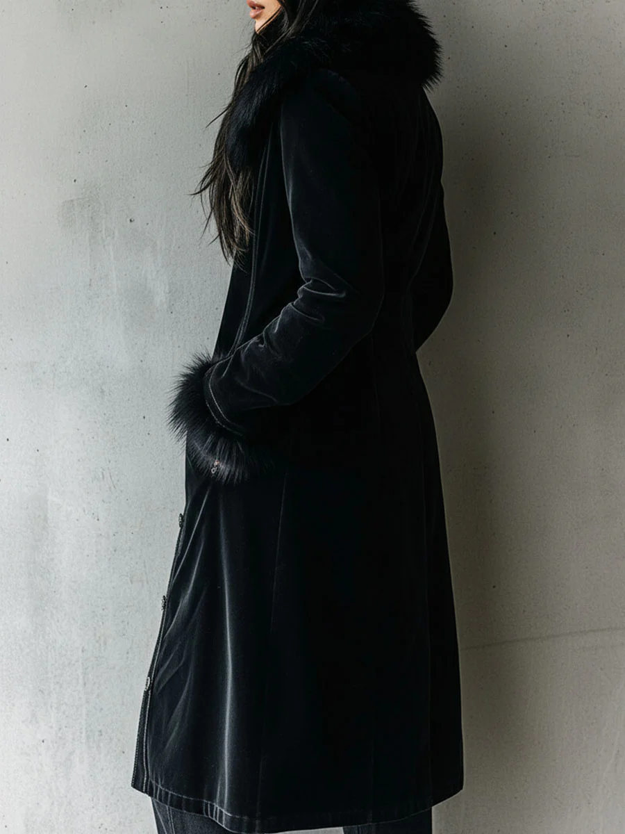 Elegant Tailoring Long Black Velvet Coat With Eco Fur Collar & Cuffs - Image 4