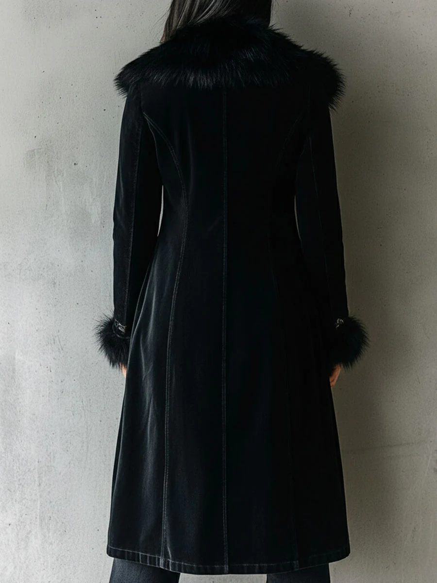 Elegant Tailoring Long Black Velvet Coat With Eco Fur Collar & Cuffs - Image 5