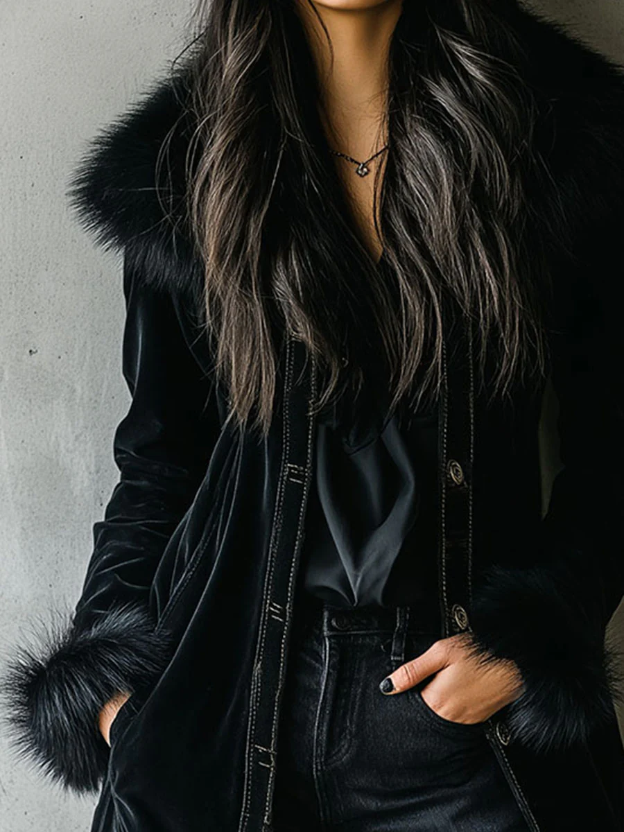 Elegant Tailoring Long Black Velvet Coat With Eco Fur Collar & Cuffs - Image 6