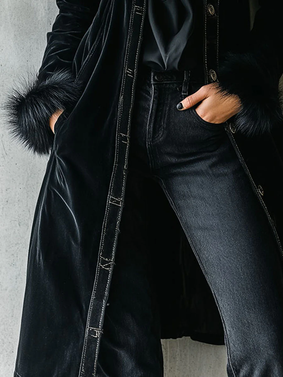 Elegant Tailoring Long Black Velvet Coat With Eco Fur Collar & Cuffs - Image 7