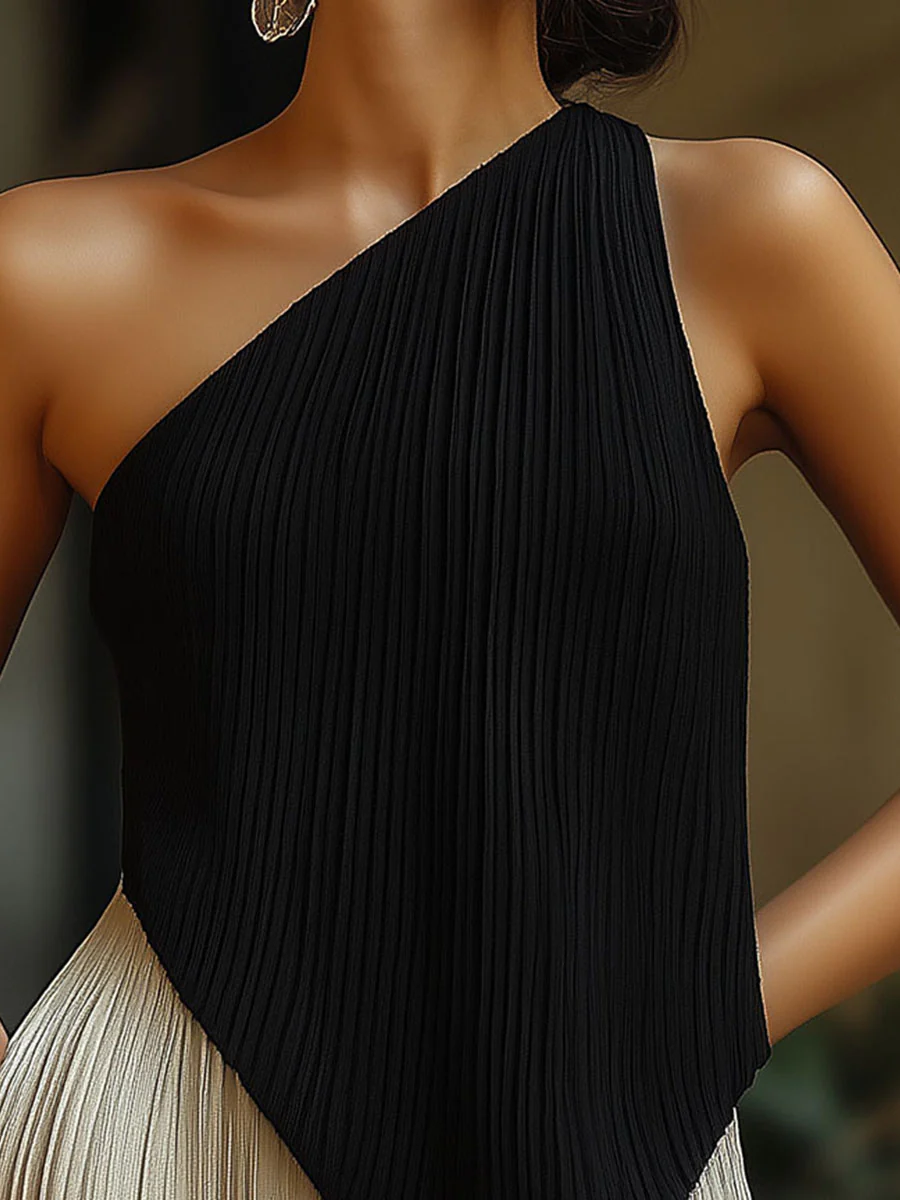Minimalism Asymmetric Pleated One-Shoulder Top - Image 3