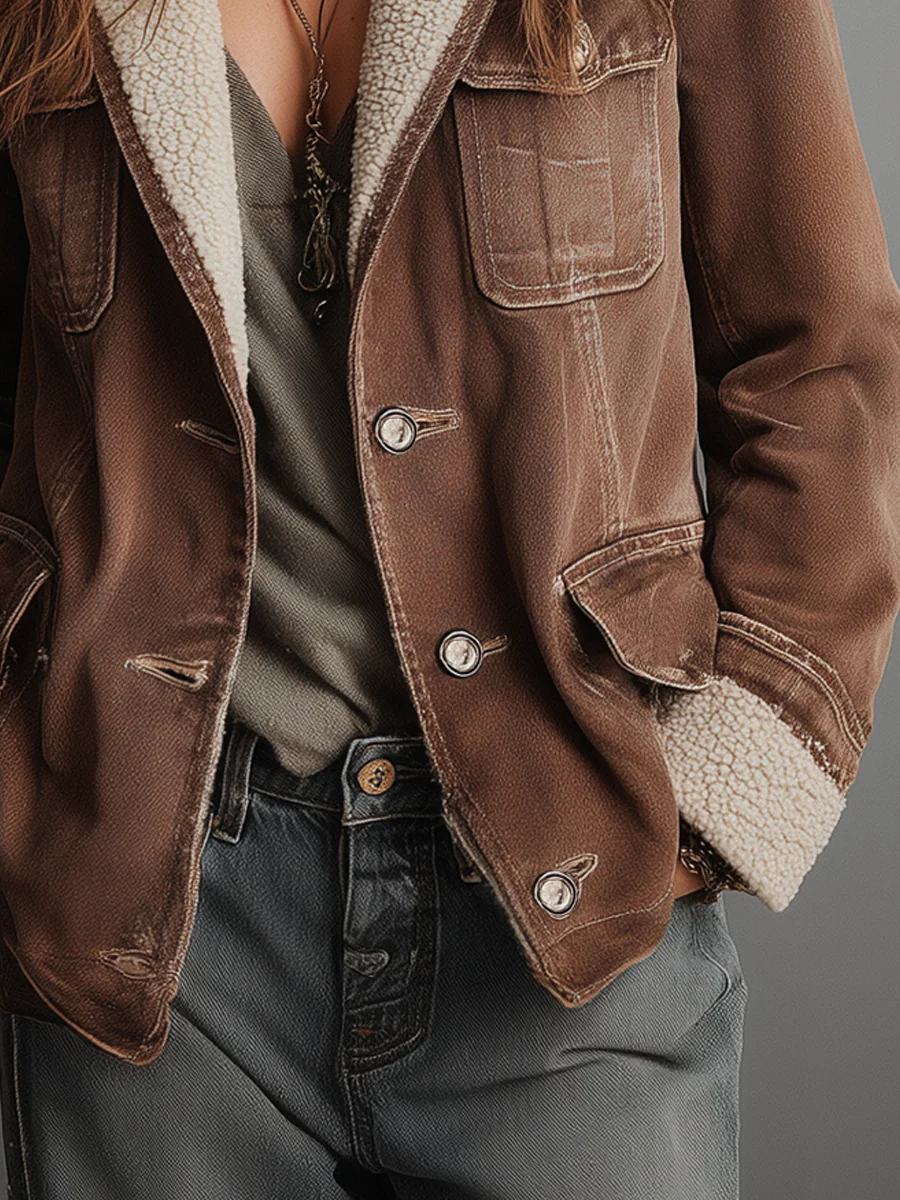 Retro Multi-pocket Faux Sherpa Lined Denim Coat - Image 4