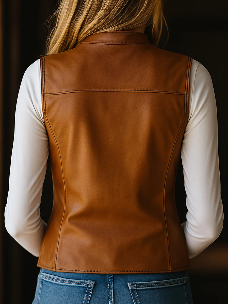 Retro Stand Collar Zipper-up Faux Leather Waistcoat - Image 4