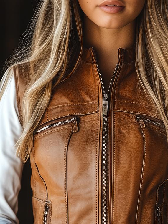 Retro Stand Collar Zipper-up Faux Leather Waistcoat - Image 5