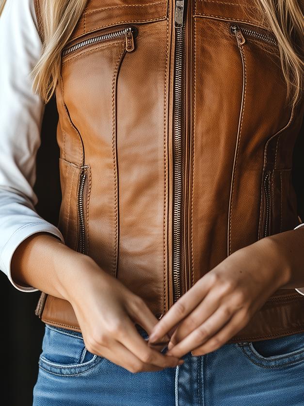 Retro Stand Collar Zipper-up Faux Leather Waistcoat - Image 6