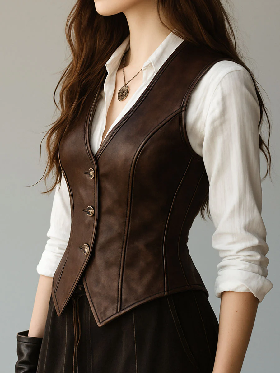 Retro Waist-cinched Button Down Leather Waistcoat - Image 3