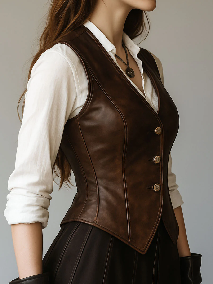 Retro Waist-cinched Button Down Leather Waistcoat - Image 4