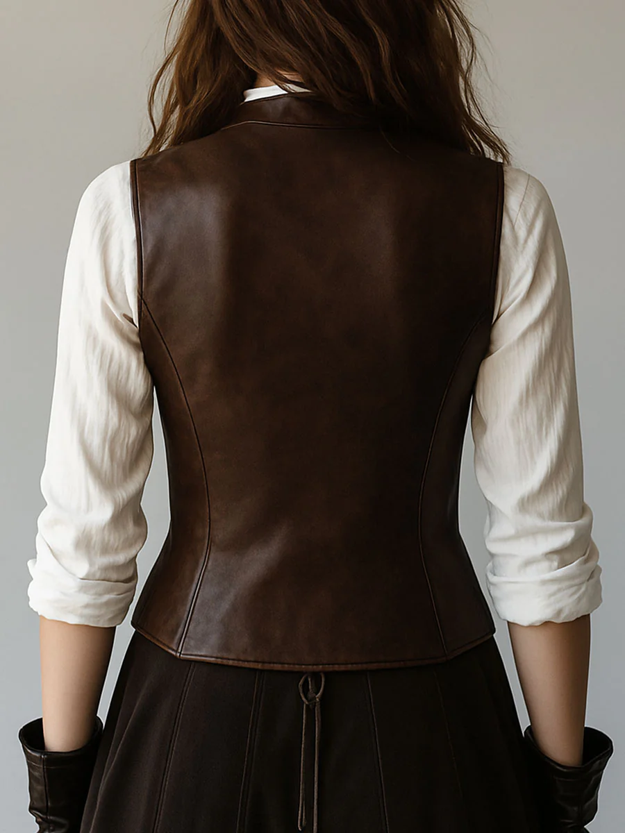 Retro Waist-cinched Button Down Leather Waistcoat - Image 5