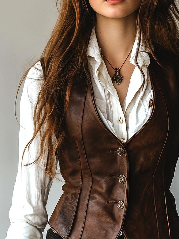 Retro Waist-cinched Button Down Leather Waistcoat - Image 6