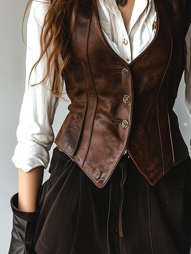 Retro Waist-cinched Button Down Leather Waistcoat - Image 7