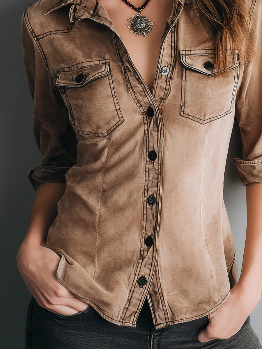 Retro Washed Contrast Stitching Blouse - Image 4