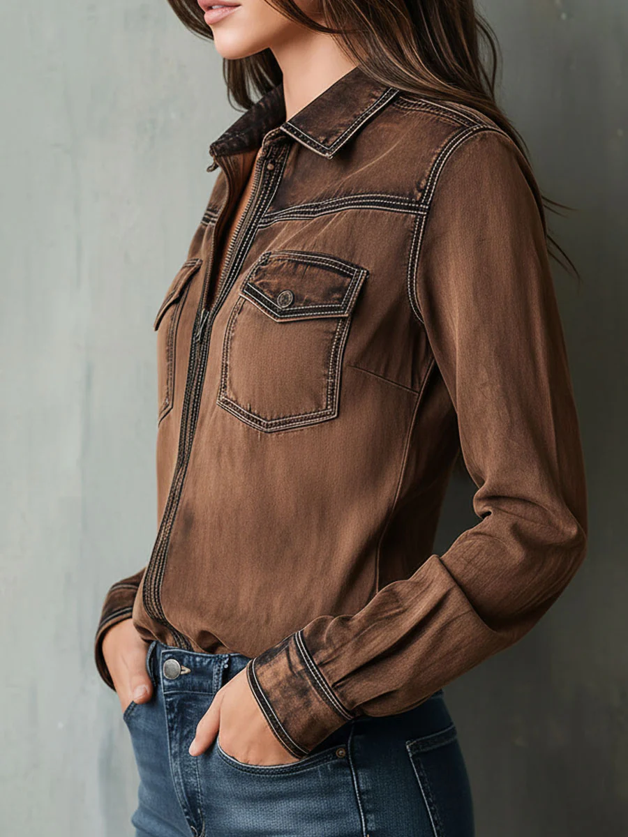 Vintage Brown Washed Contrast Stitching Utility Zip Shirt Jacket - Image 3