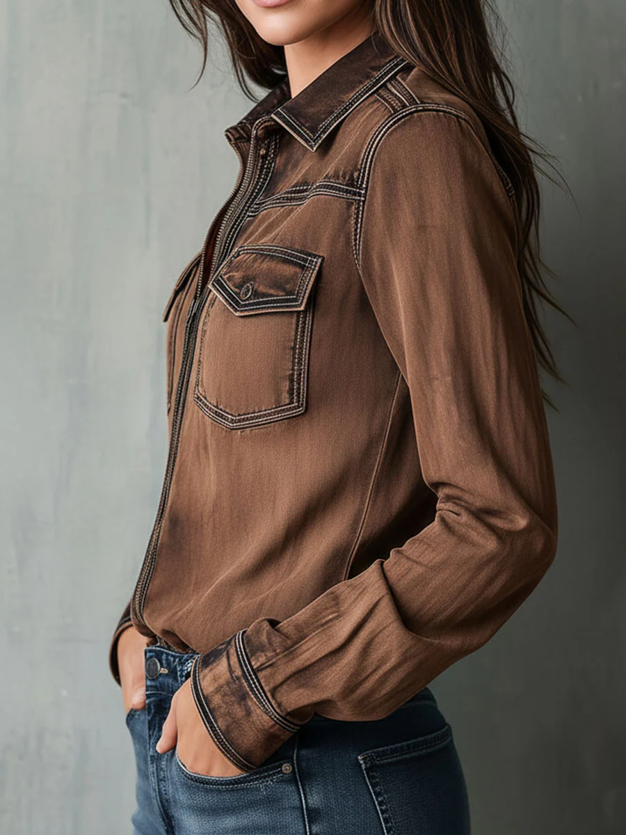 Vintage Brown Washed Contrast Stitching Utility Zip Shirt Jacket - Image 4