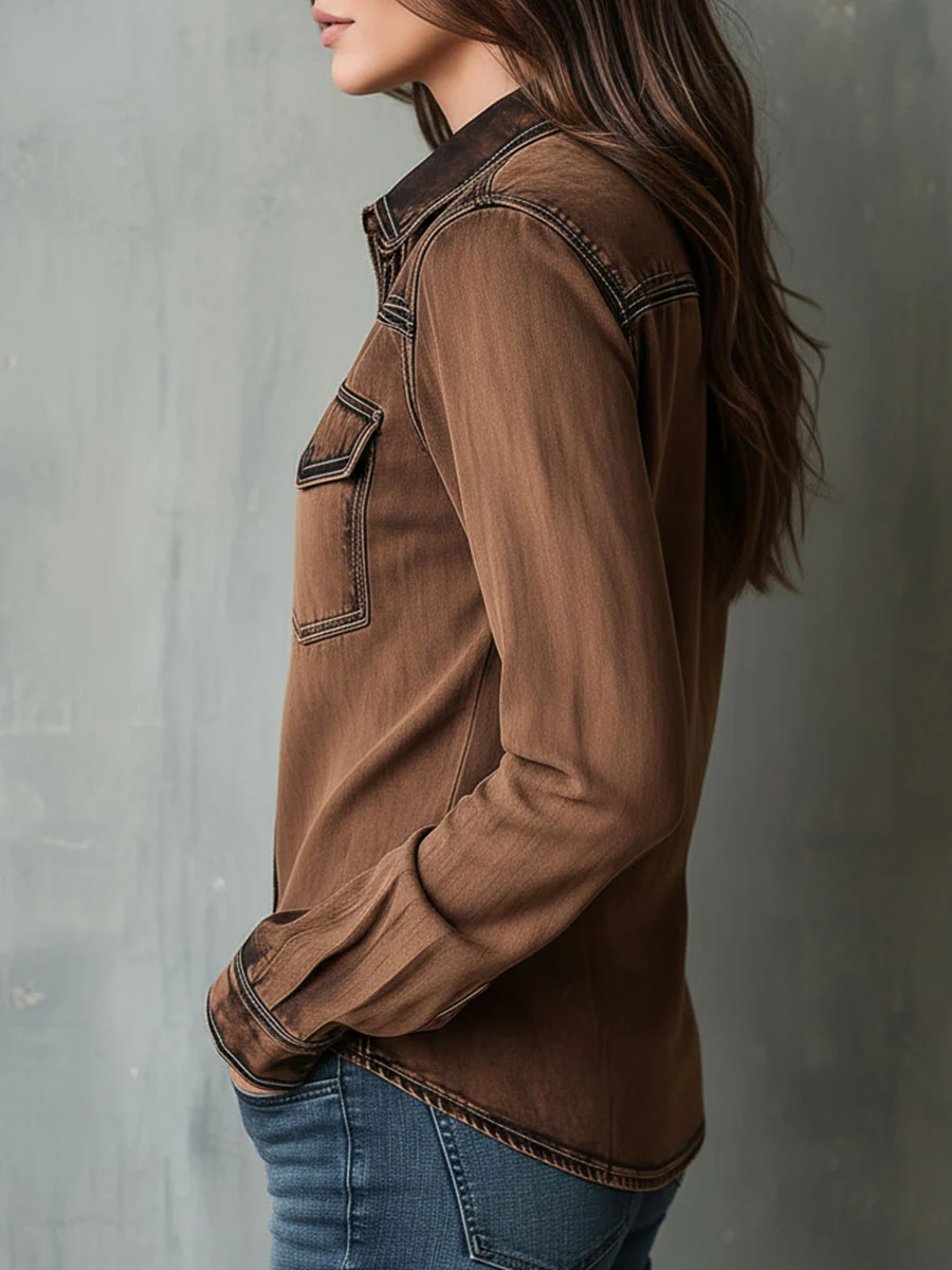 Vintage Brown Washed Contrast Stitching Utility Zip Shirt Jacket - Image 5