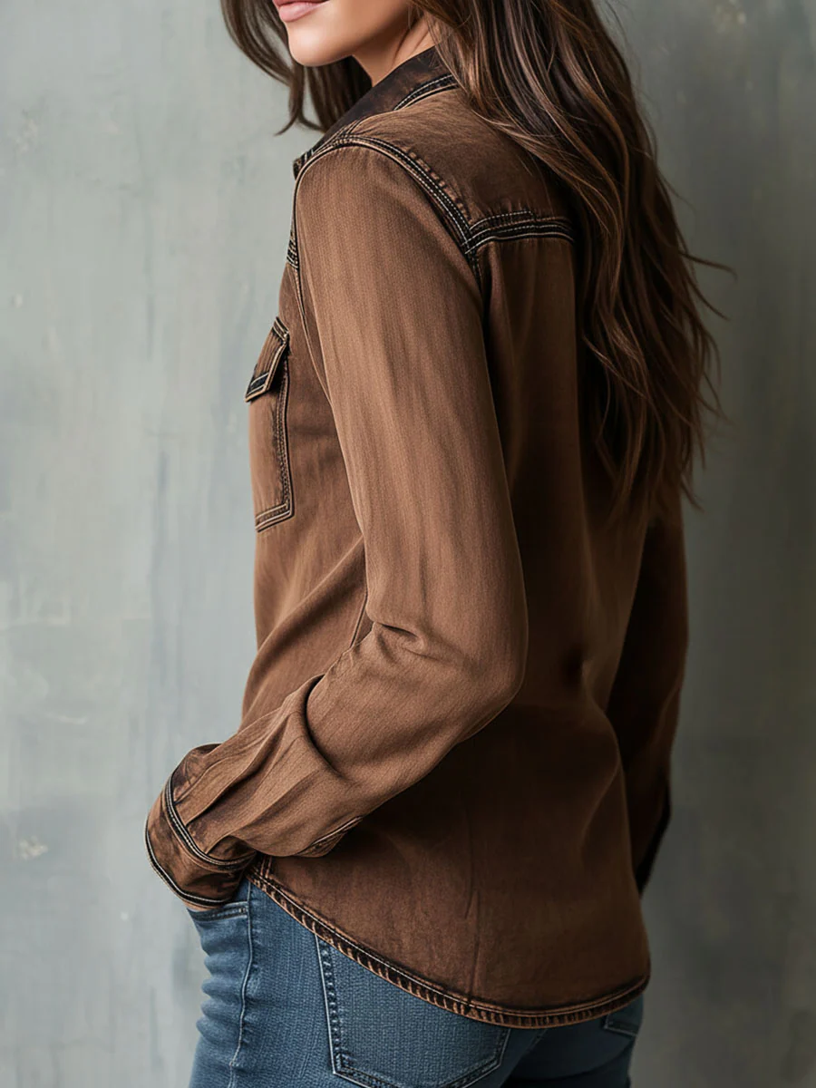 Vintage Brown Washed Contrast Stitching Utility Zip Shirt Jacket - Image 6