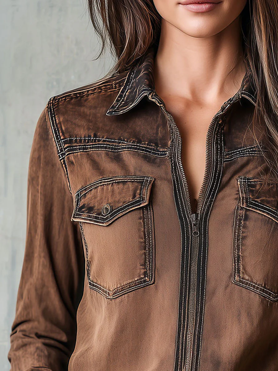 Vintage Brown Washed Contrast Stitching Utility Zip Shirt Jacket - Image 7