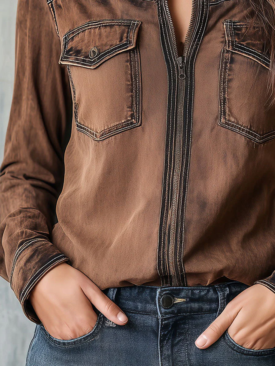 Vintage Brown Washed Contrast Stitching Utility Zip Shirt Jacket - Image 8