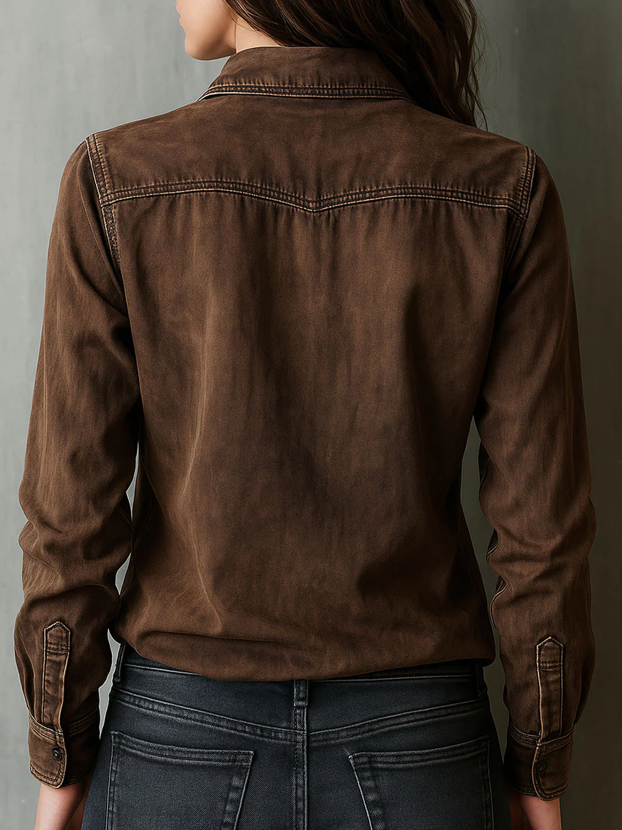 Vintage Brown Washed Contrast Stitching Utility Zip Shirt Jacket - Image 9