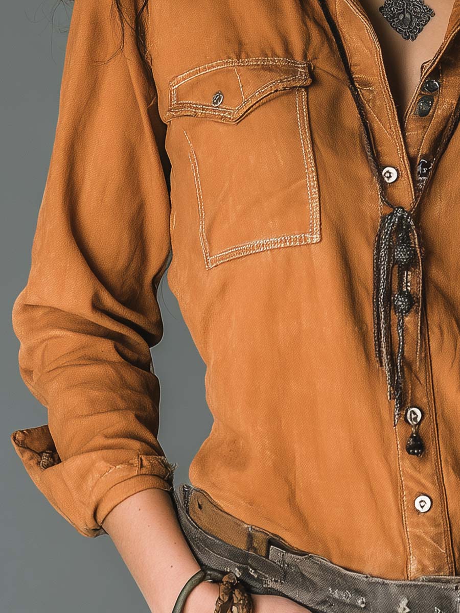 Vintage Caramel Soft Cotton Utility Pocket Shirt - Image 3