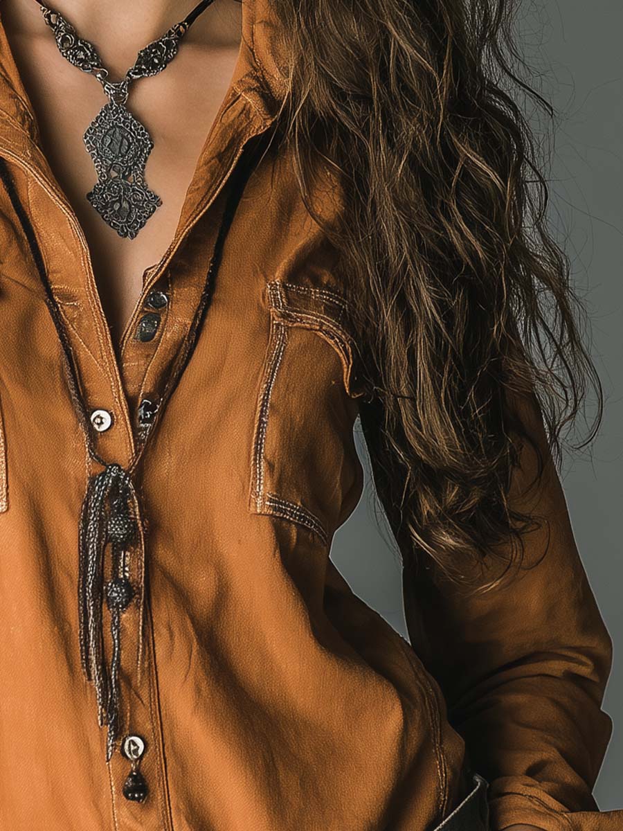 Vintage Caramel Soft Cotton Utility Pocket Shirt - Image 4