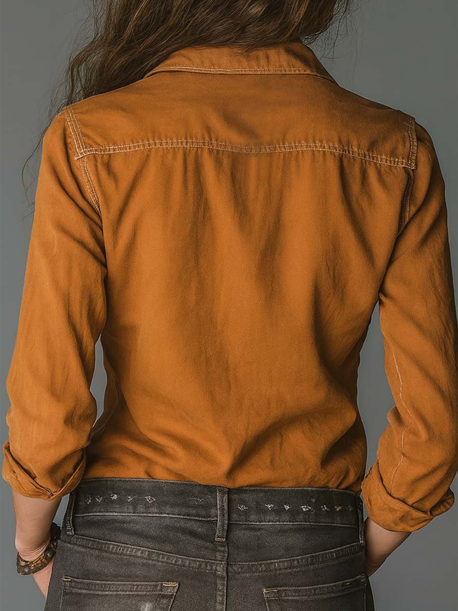 Vintage Caramel Soft Cotton Utility Pocket Shirt - Image 5