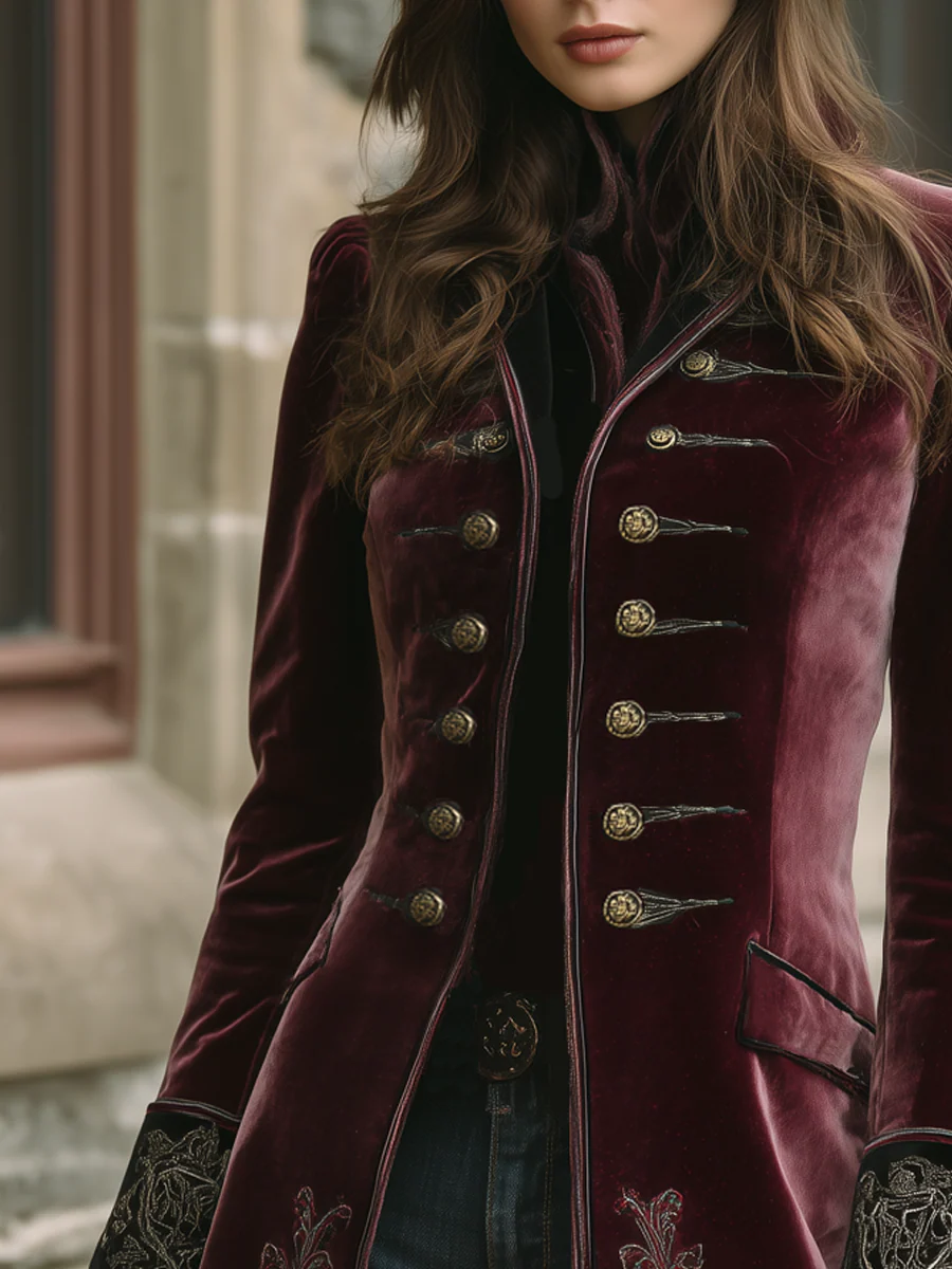 Vintage Contrast Trim Embroidered Velvet Coat - Image 3
