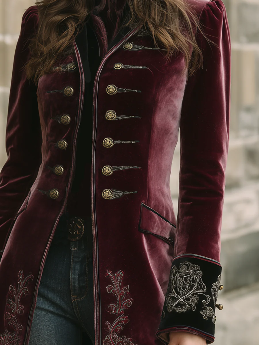 Vintage Contrast Trim Embroidered Velvet Coat - Image 4