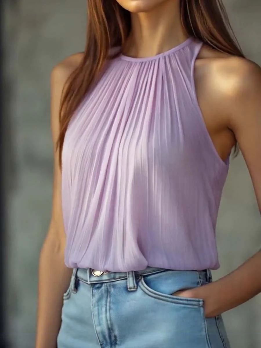 Vintage Pleated Halter Neck Chiffon Blouse - Image 3