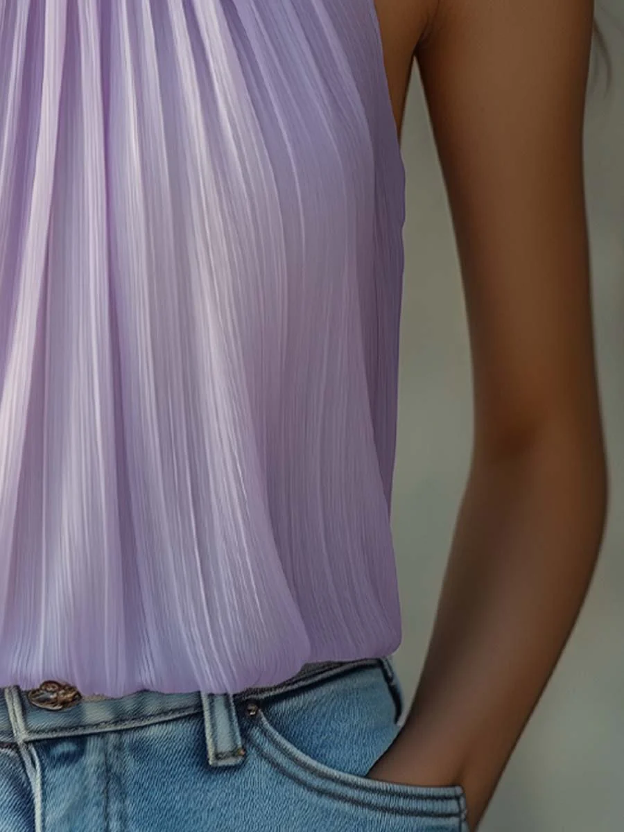 Vintage Pleated Halter Neck Chiffon Blouse - Image 6