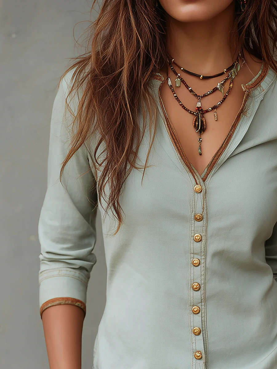 Vintage Washed Henley Collar Denim Blouse - Image 3