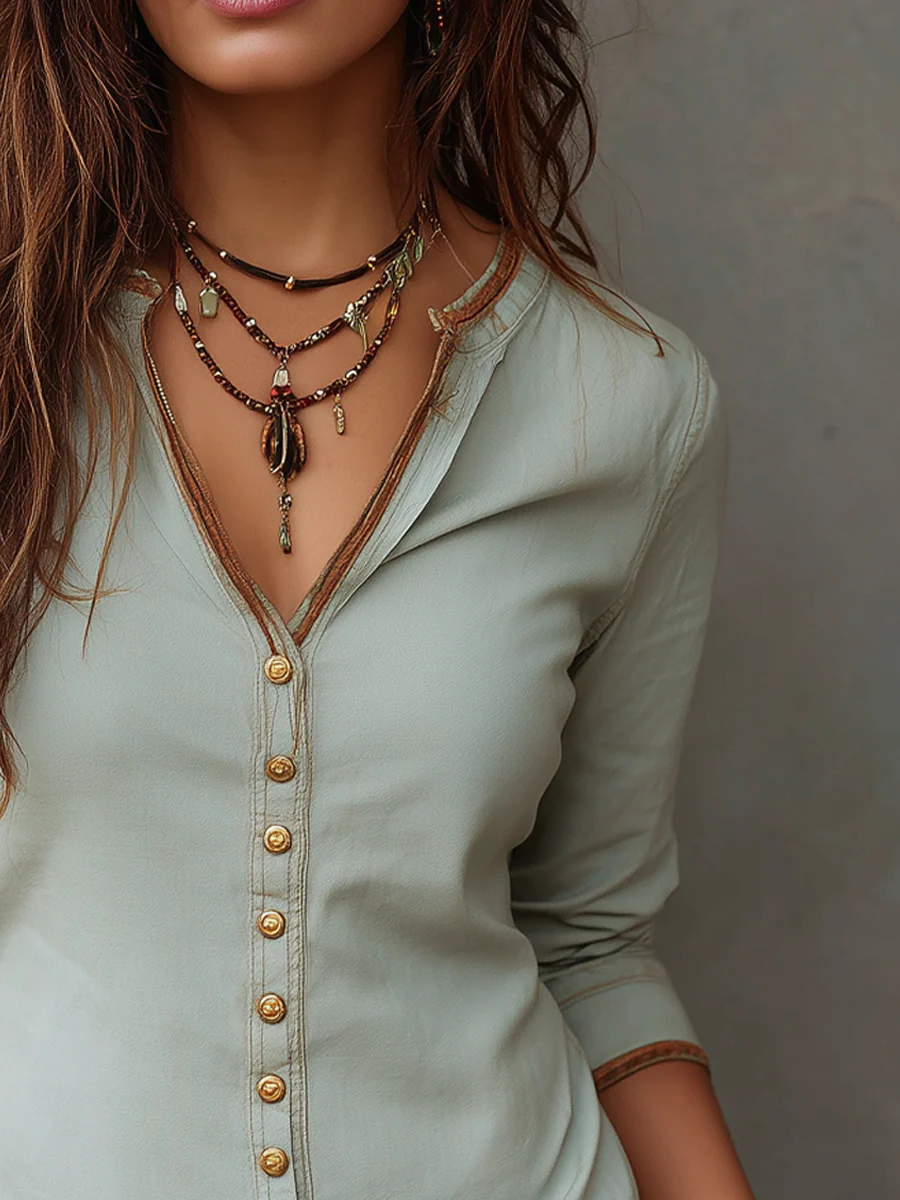 Vintage Washed Henley Collar Denim Blouse - Image 4