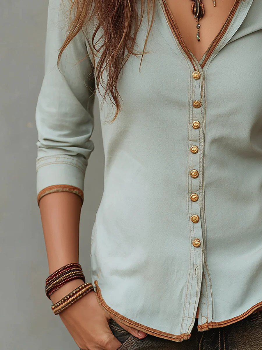 Vintage Washed Henley Collar Denim Blouse - Image 5